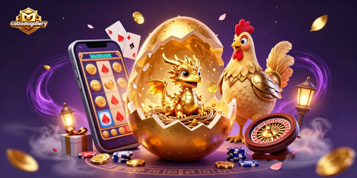 Play thrilling casino games at calzadagallery while discovering a vibrant scene with a golden dragon and poker chips.