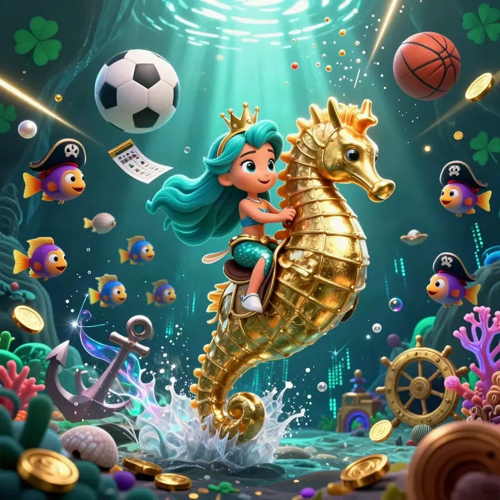 Mermaid princess on golden seahorse amid coins, fish, cards, coral, and sports balls