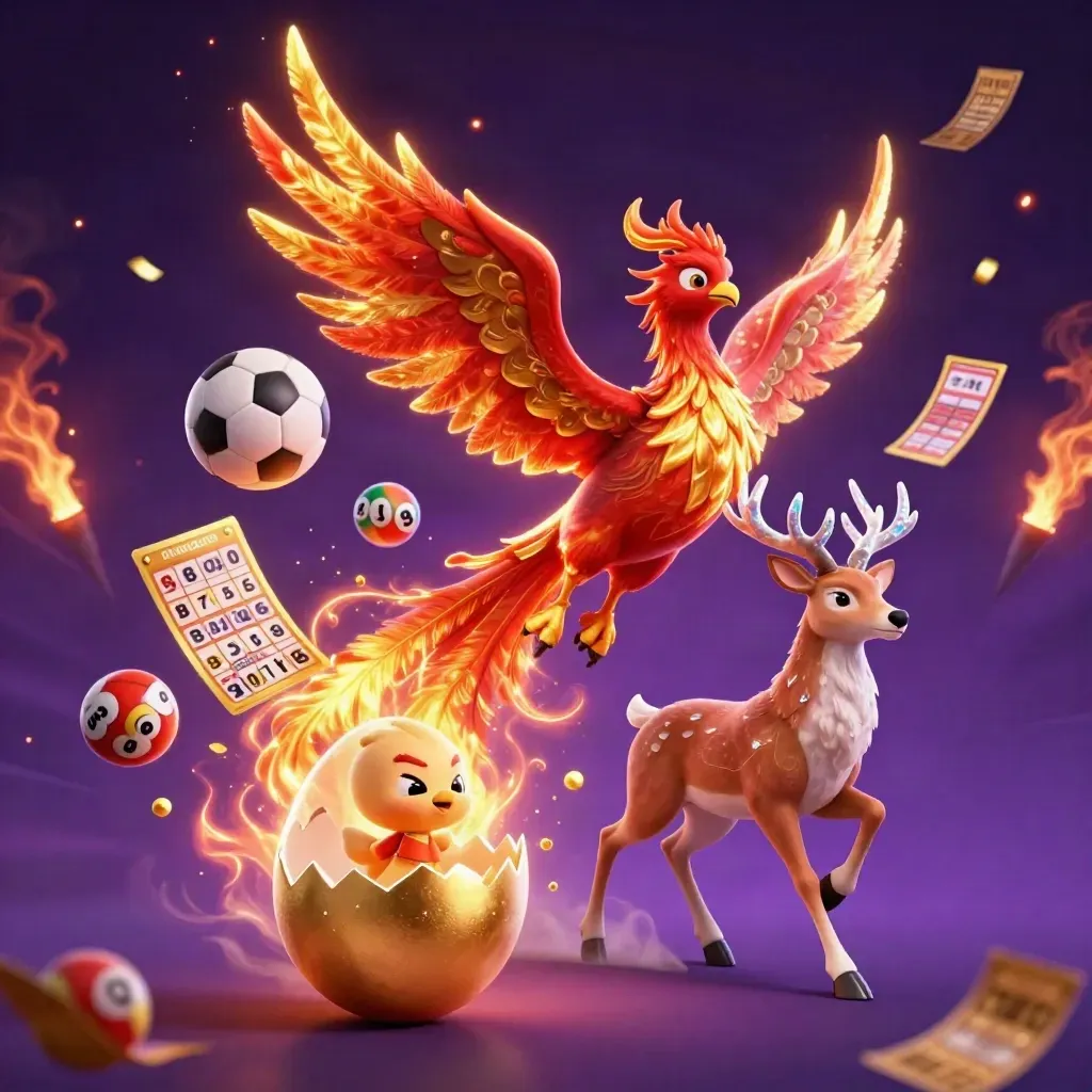 Phoenix, stag and betting gear explode in royal purple casino light.