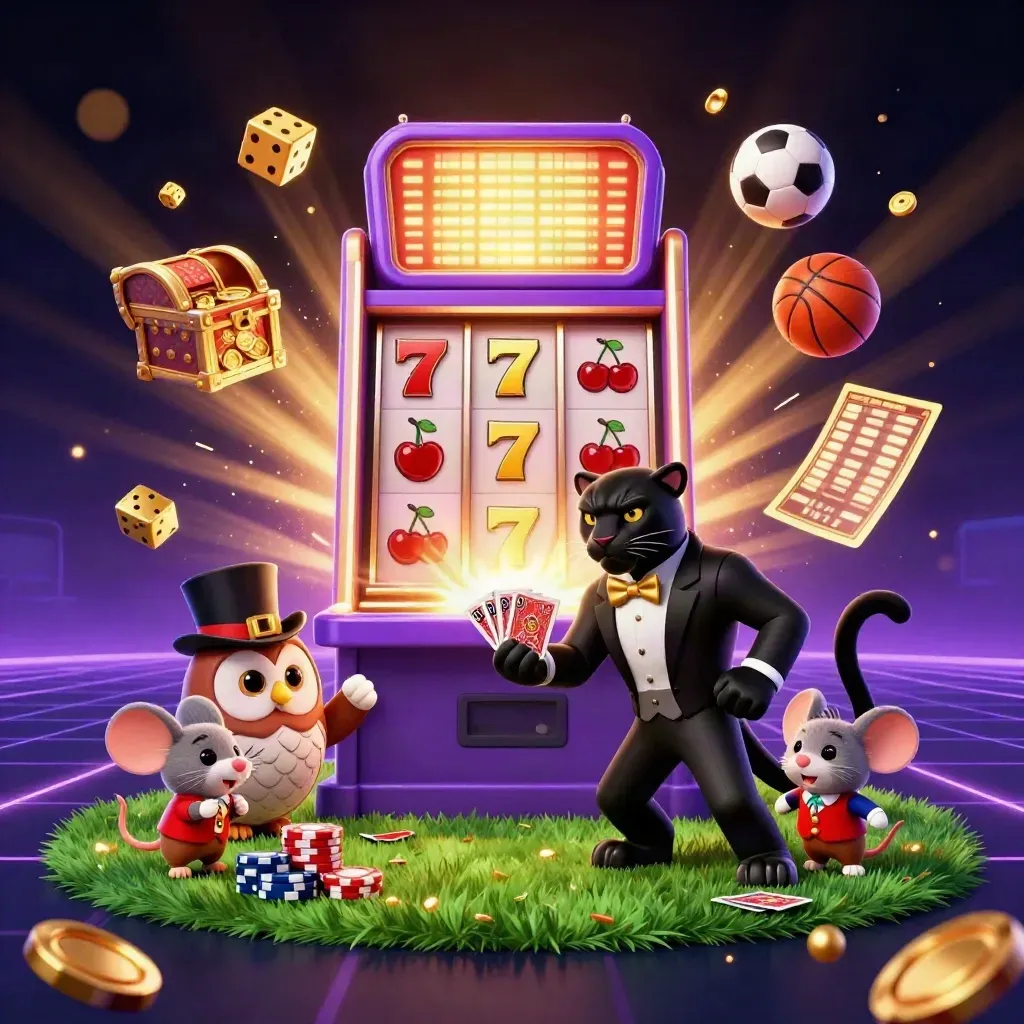 Panther, owl, and mouse amid exploding casino symbols, balls, chips, and gold on a dark neon backdrop.