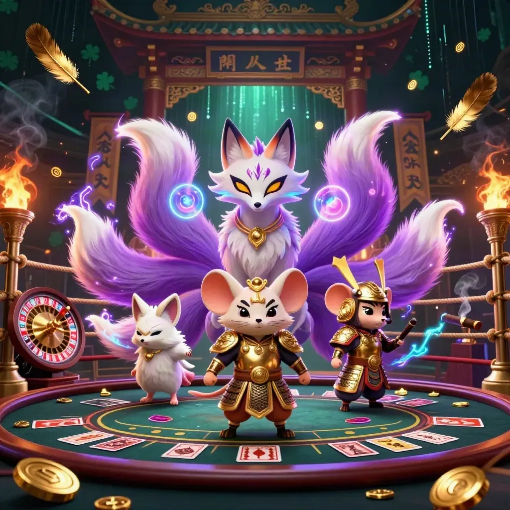 Fox spirit and samurai mouse in a luxury casino temple scene with roulette glow.