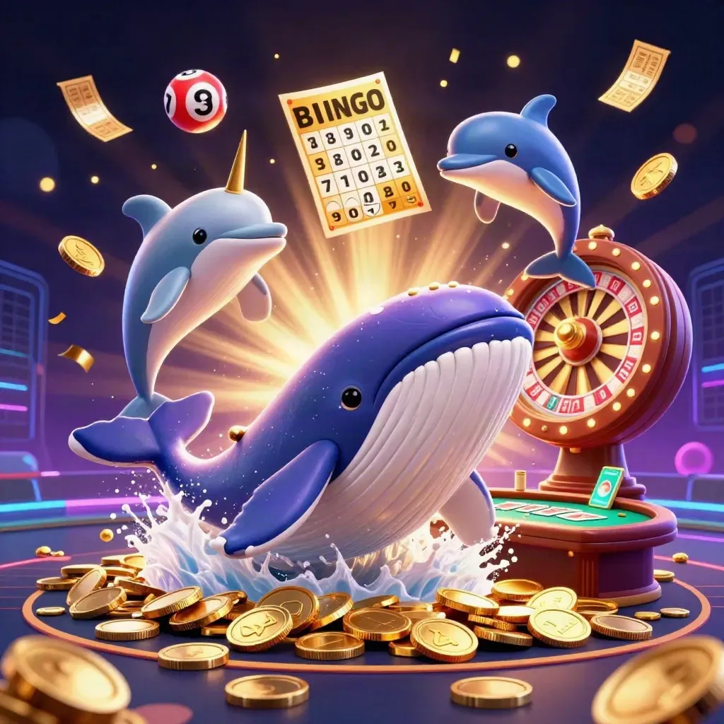 Whale captain, narwhal and dolphins erupt in a glowing casino splash scene with coins, lights, and neon.