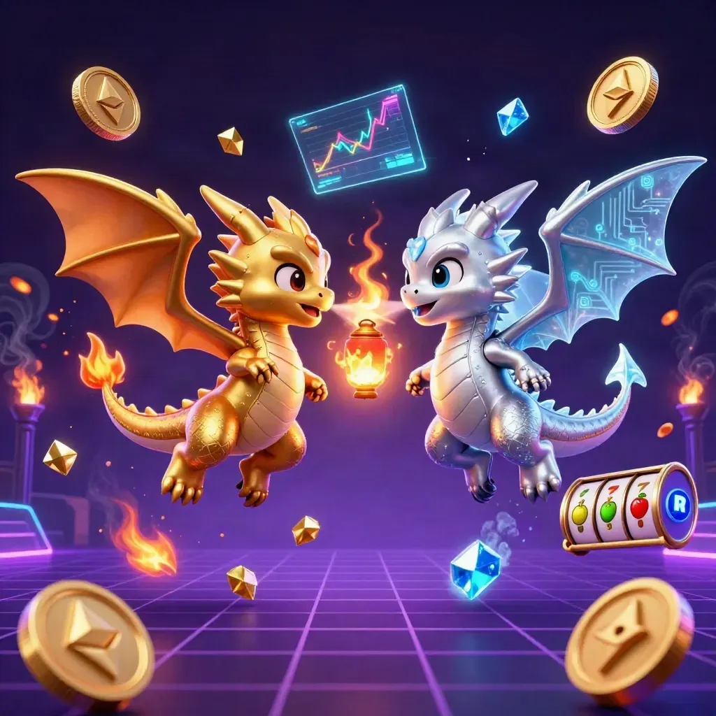 Gold and silver dragons spiral in fire and ice above coins, links, reels, and neon casino glow.