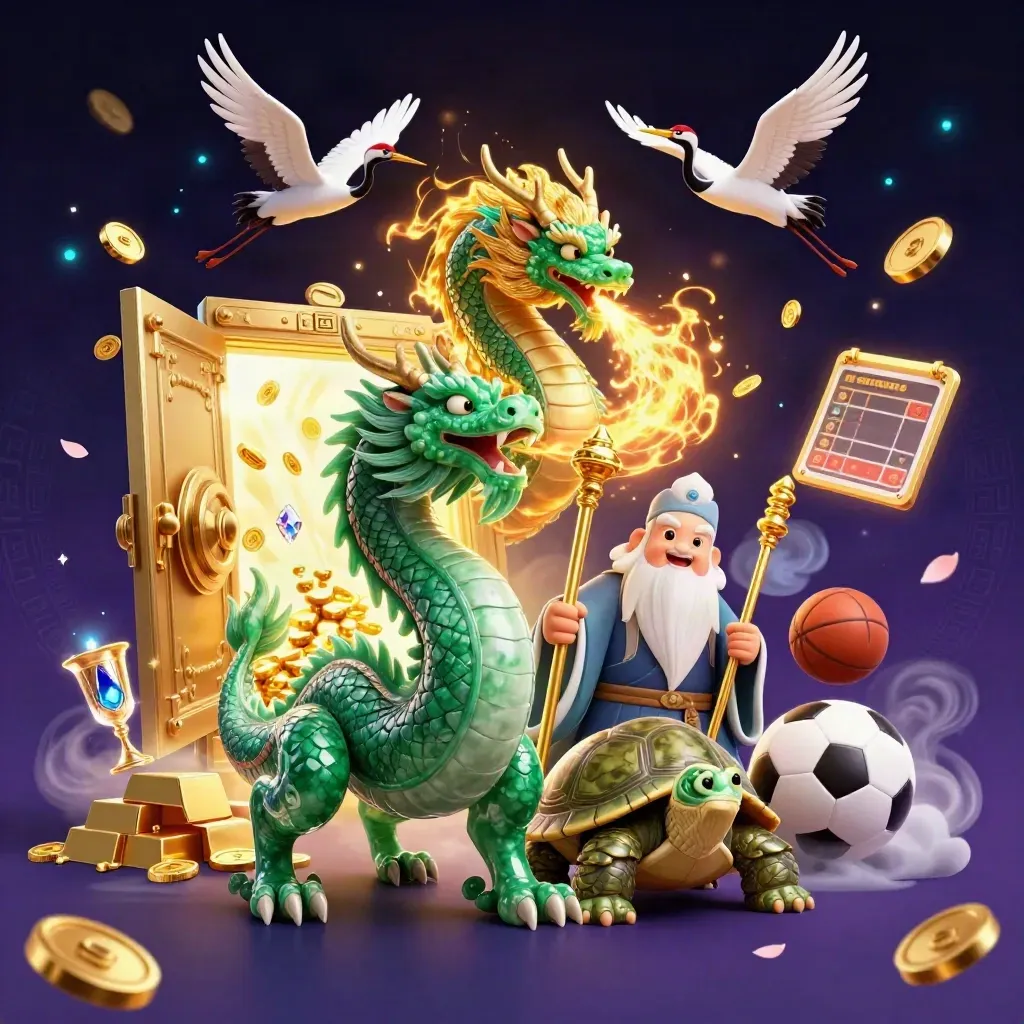 Jade dragon, turtle sage, and cranes burst from a golden vault amid treasure and fireworks.