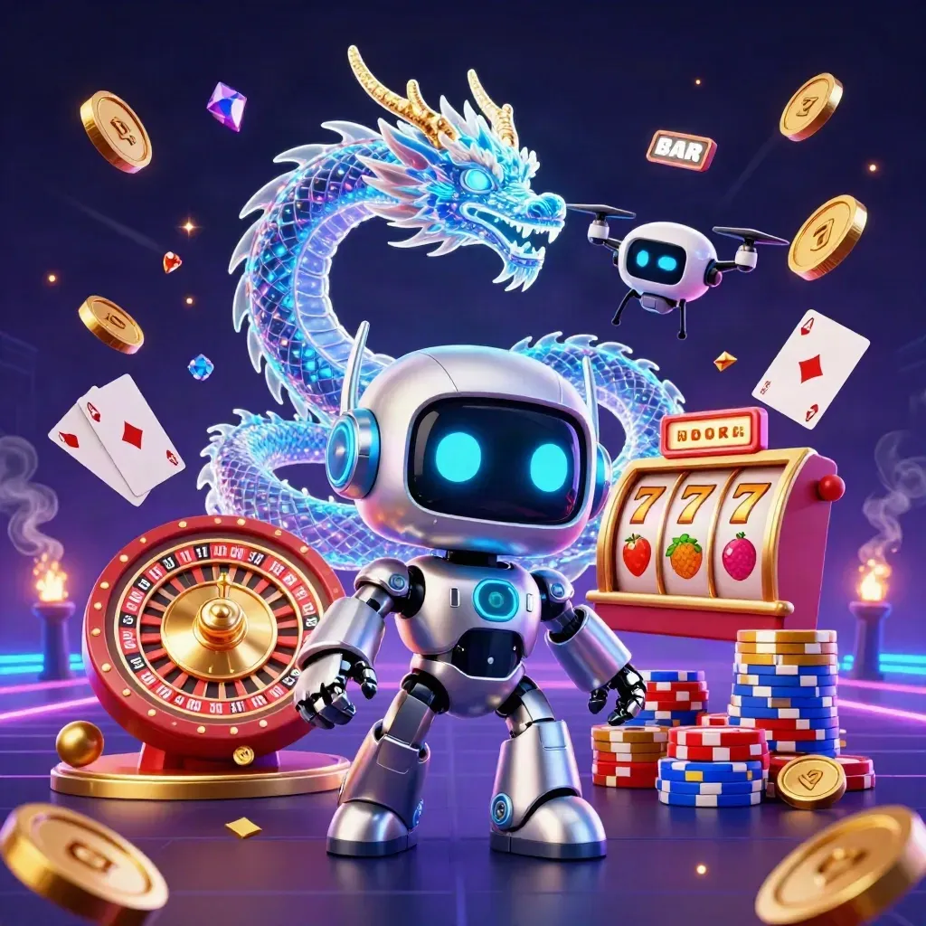 Robot, holo dragon and coin drone amid coins, gems, reels and cards in purple-gold casino light.