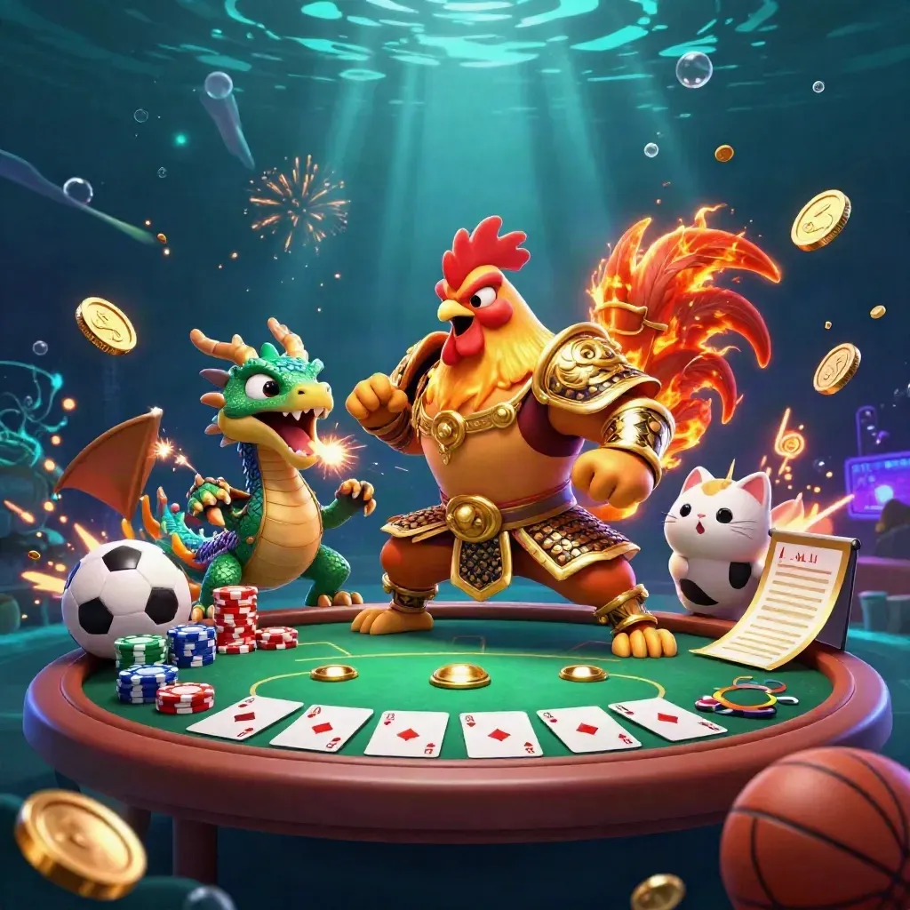 Rooster warrior, dragon hatchling and lucky cat amid coins, chips and casino sports props.