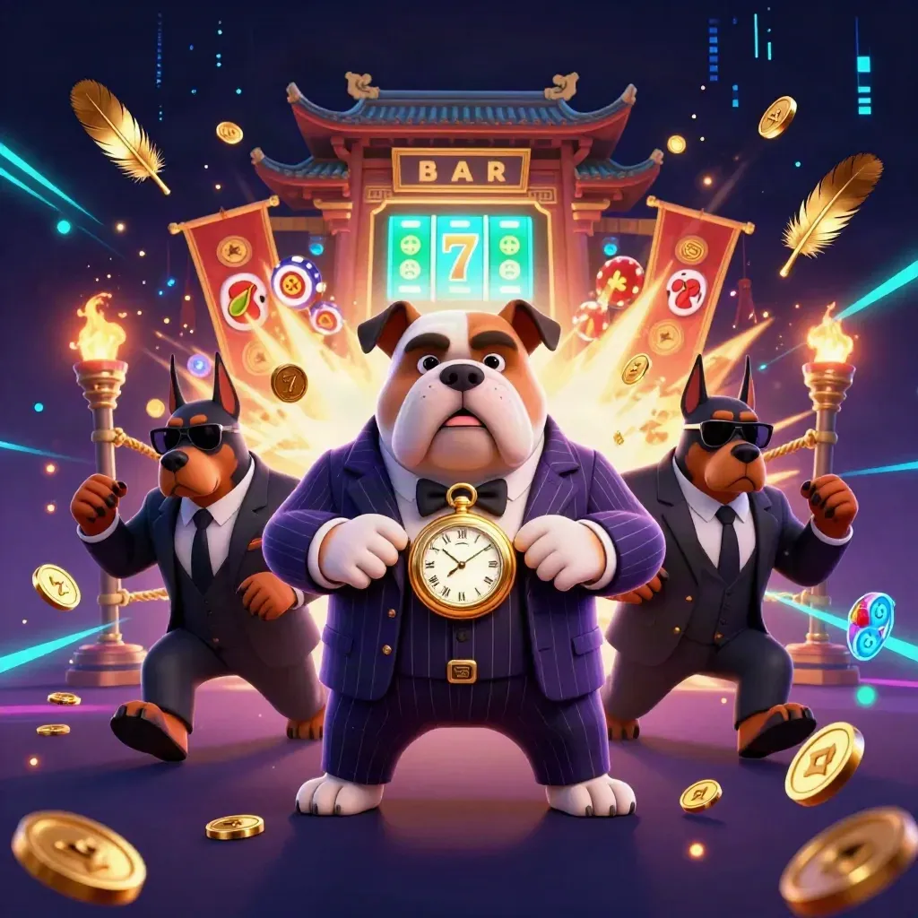 Bulldog boss and two doberman guards amid gold sparks, reels, and temple-ring chaos
