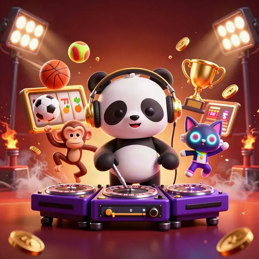 DJ panda, breakdancing monkey, and rave kitten amid casino lights, balls, coins, and slot reels