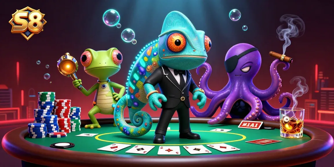 Engage with S8's vibrant casino scene featuring a chameleon secret agent, colorful poker elements, and an epic atmosphere.