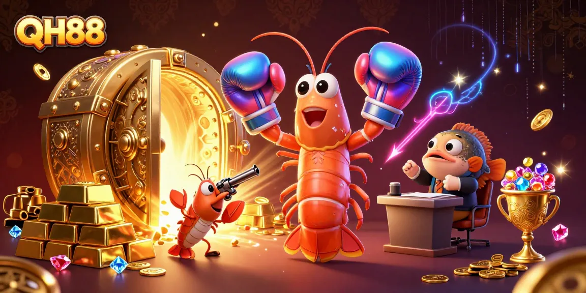 QH88 enhances the thrill of gaming as a vibrant shrimp duo celebrates casino wins in a lavish environment.