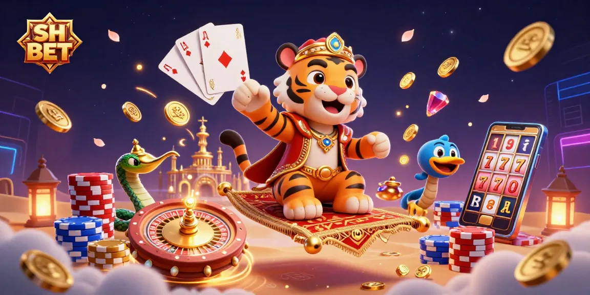 Experience thrilling gaming with SH BET in this 3D casino illustration featuring a colorful tiger sultan and vibrant casino elements.