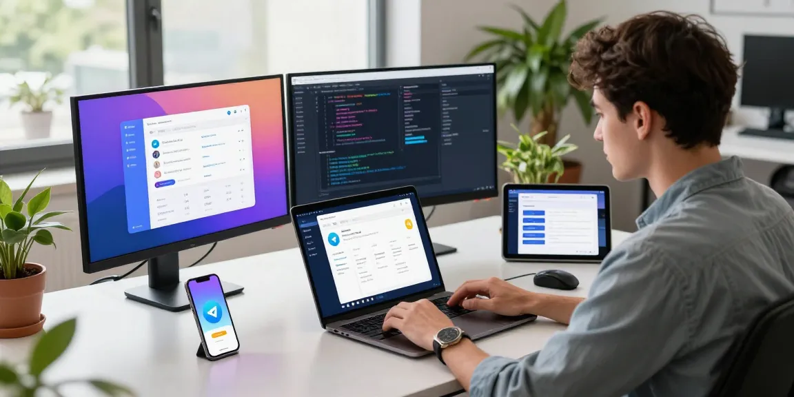Optimize your Telegram Download experience in a modern tech workspace with devices and coding elements.