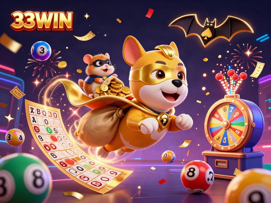 Witness the excitement of 33WIN as the superhero dog navigates vibrant casino elements in a dynamic atmosphere.