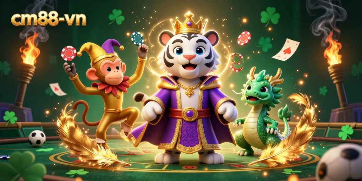 Engage in exciting sports betting at cm88-vn with an energetic tiger, jester monkey, and jade dragon.