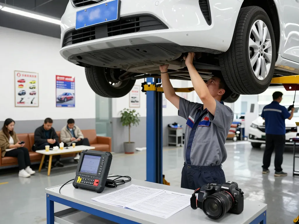 Uber inspection near me at an automotive service center with a mechanic inspecting a vehicle.