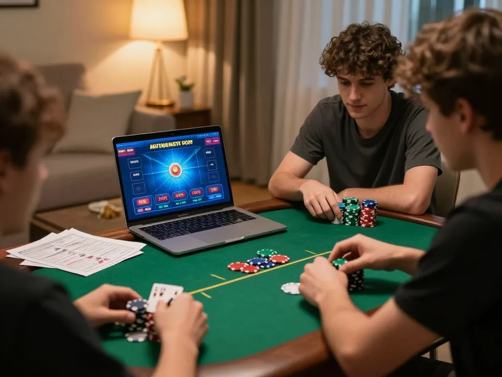 Players engaging in an online poker game at home with MM88 interface displayed on a laptop, showcasing strategic gameplay.
