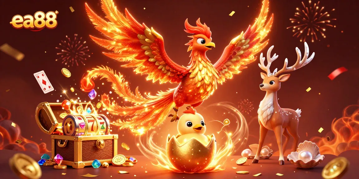 Experience the excitement of ea88 with a fiery phoenix and gold treasures in this dynamic casino illustration.