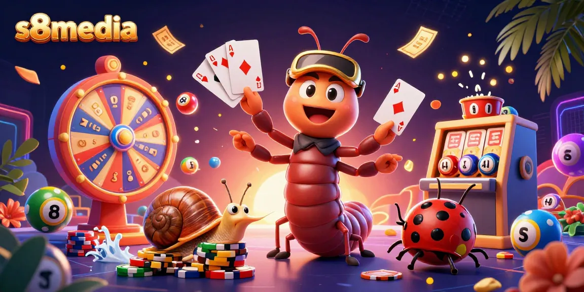 S8media showcases a dynamic casino scene with a millipede dealer, colorful lottery balls, and vibrant gaming elements.