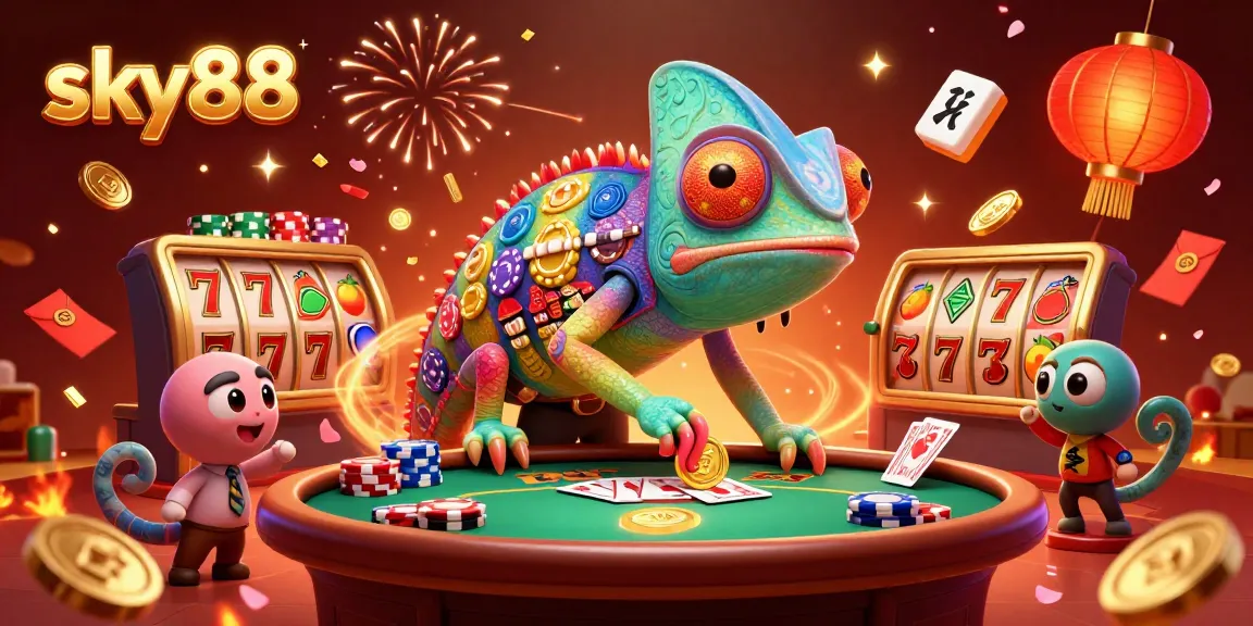 Engage with sky88 in a vibrant casino scene with a colorful chameleon and rich gaming elements.