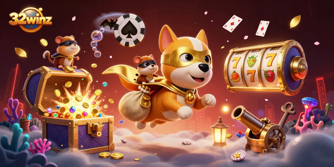Gamblers explore the exciting world of 32winz with superhero dog and hamster in a vibrant casino scene.