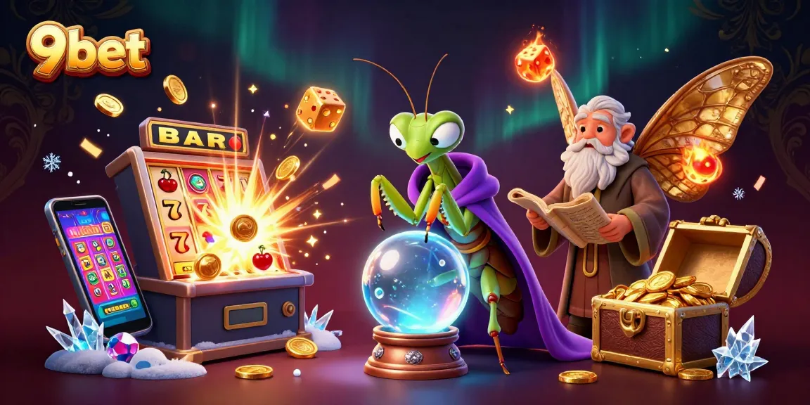 Experience the magical world of 9bet with a dynamic scene of fortune teller characters and casino elements.