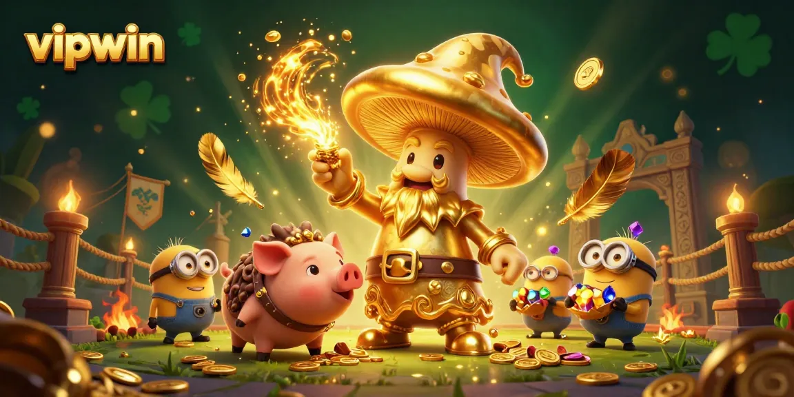 Experience the magic of vipwin with golden treasures and mystical characters in a lively casino-themed scene.