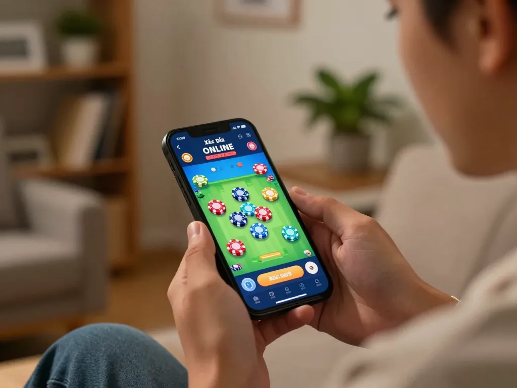 Xóc Đĩa Online gameplay displayed on smartphone in a cozy home setting.