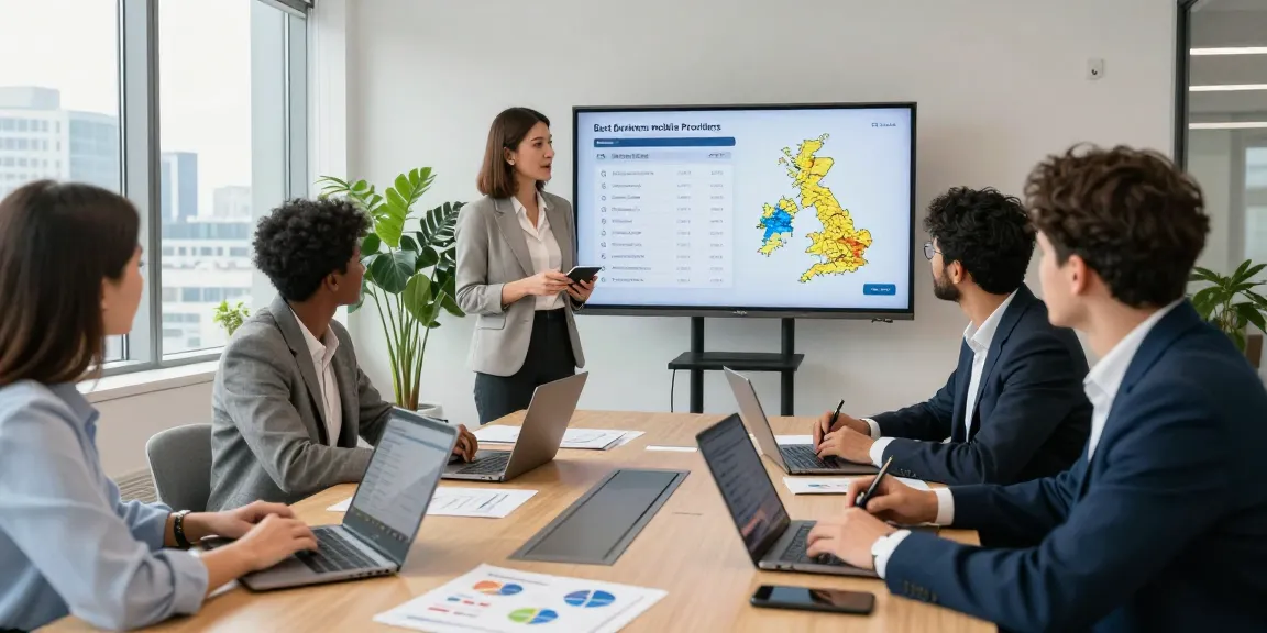 Team collaboration in a modern office discussing the best business mobile providers UK.