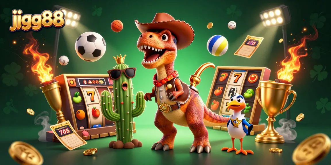 Spin and win with jjgg88 as a dinosaur cowboy and friends amidst vibrant casino games.