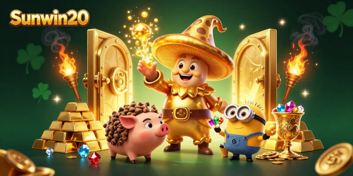 Experience the magic of Sunwin20 with a golden mushroom wizard, treasures, and dynamic casino elements.