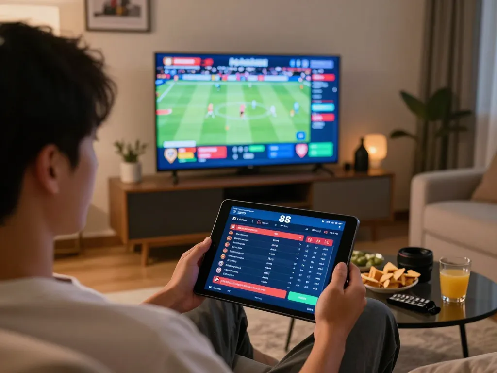 Engaging online sports betting scene showcasing kèo nhà cái 88 betting odds on a tablet in a cozy living room