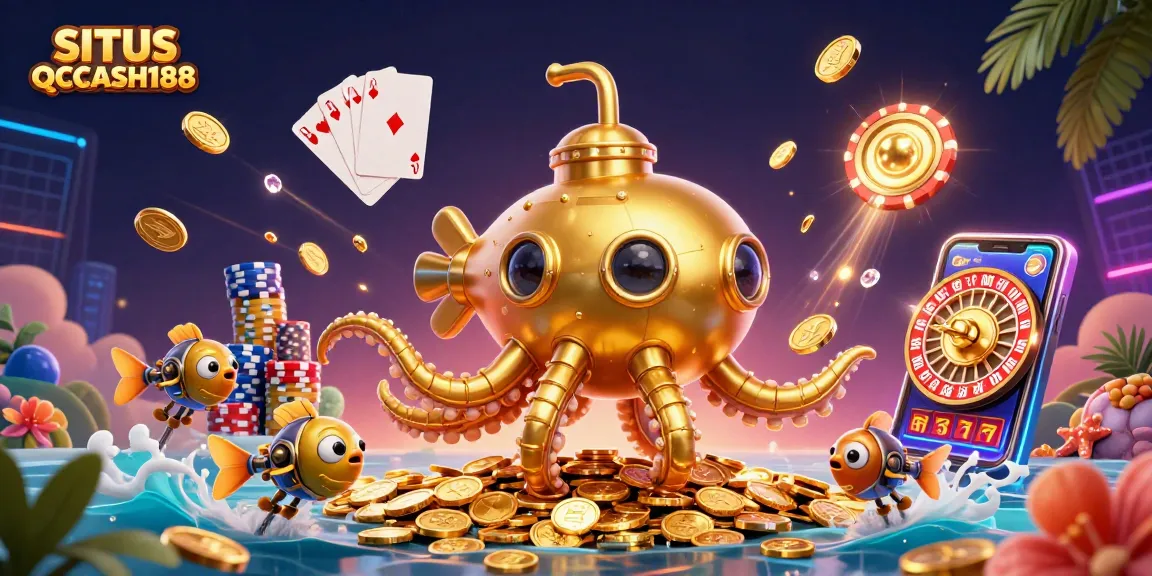 SITUS QQCASH188 features a golden kraken submarine in a vibrant casino-themed scene.