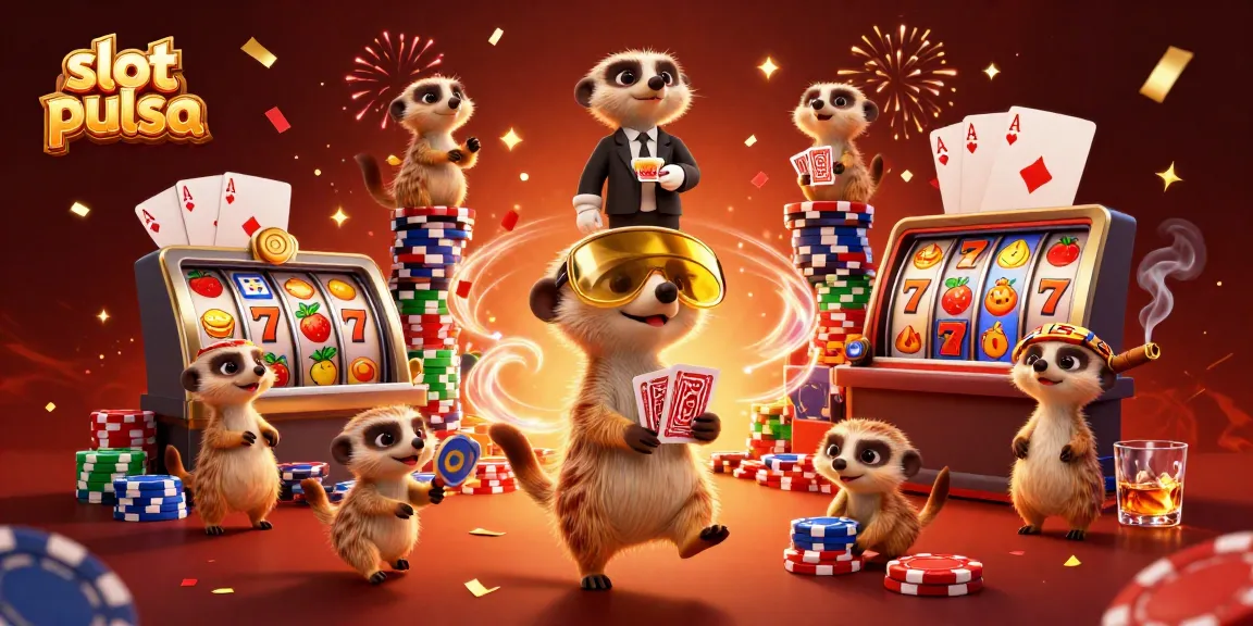Spin the reels with slot pulsa in this dynamic meerkat casino illustration.