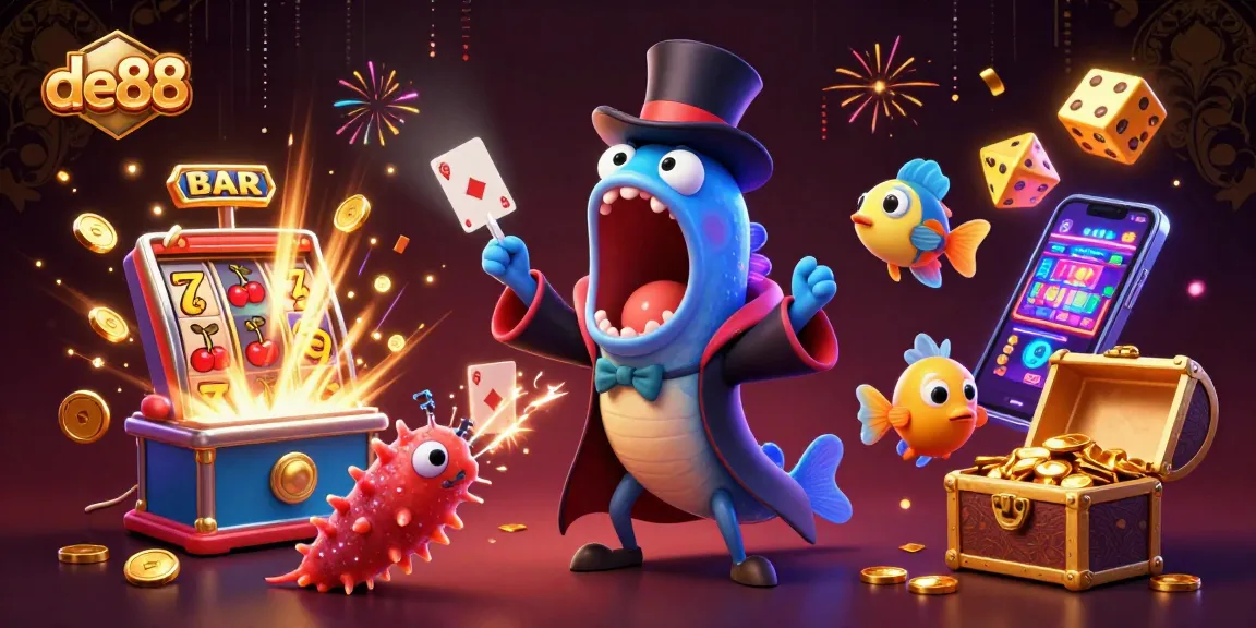 de88 jackpot scene featuring a deep-sea eel performing card tricks in a vibrant casino atmosphere