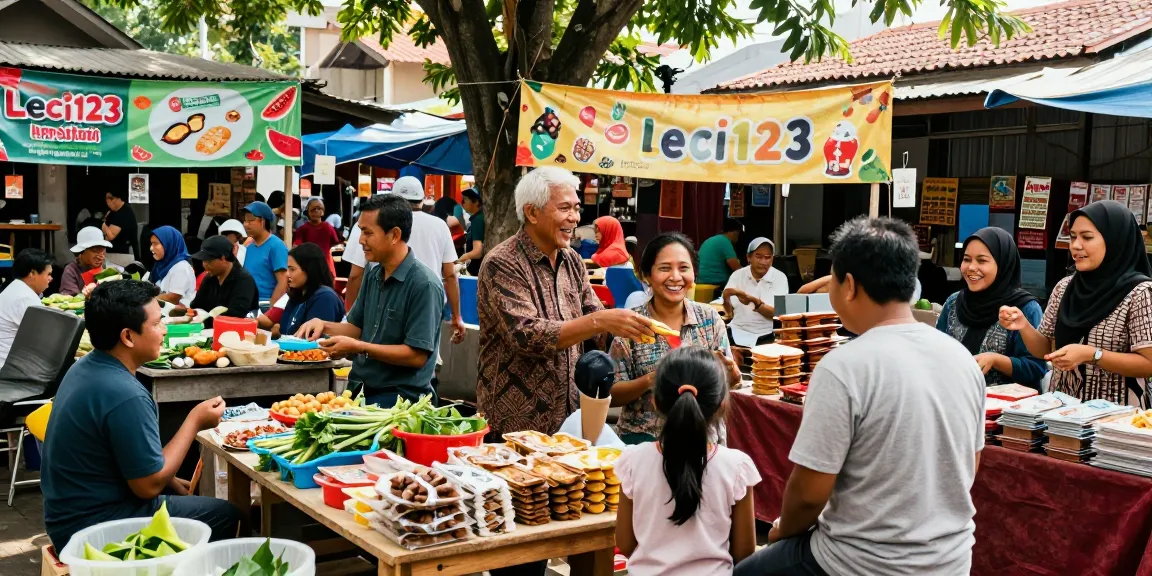 Pasar lokal yang ramai di Indonesia dengan produk Leci123, menampilkan interaksi komunitas dan suasana hangat.