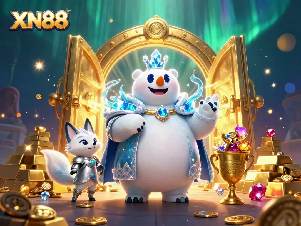 Experience the thrilling world of XN88 with a 3D ice king and snow fox surrounded by treasure and stunning casino visuals.