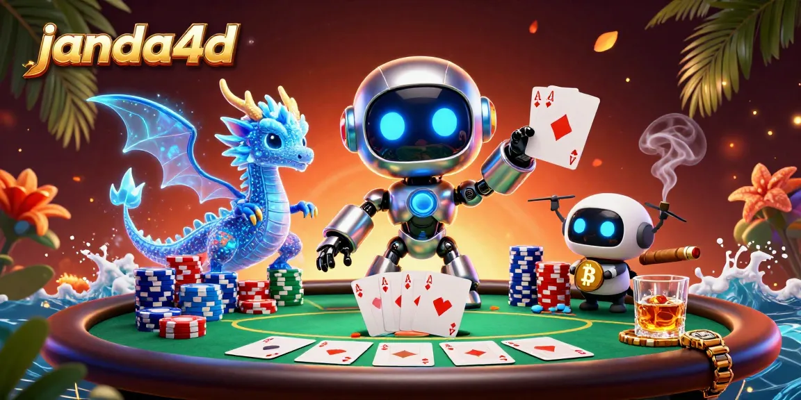 Janda4D menampilkan robot cyberpunk dengan mata neon di meja poker yang dipenuhi chip dan kartu.