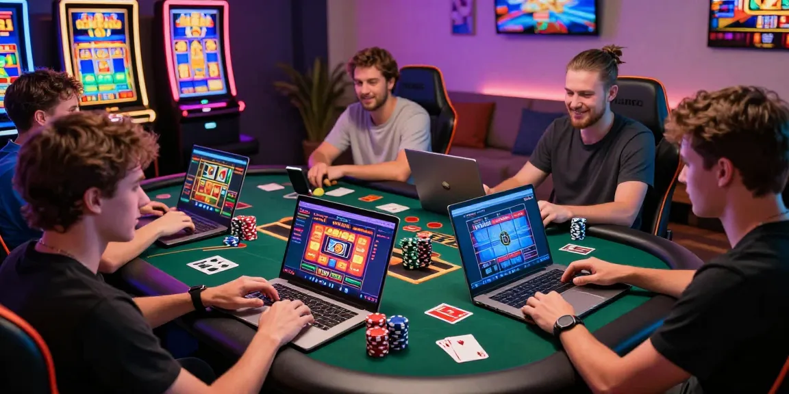 Engaged players exploring credit card casino sites with vibrant gaming setups, colorful slot graphics and poker chips.