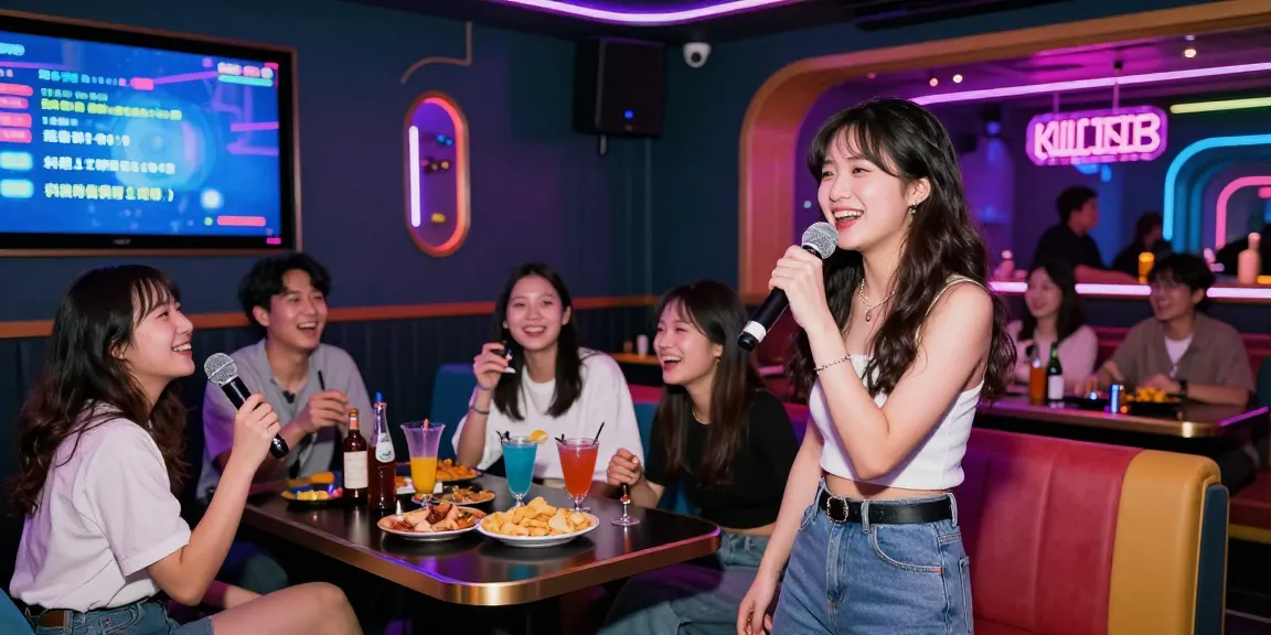 노래방밤알바에서 활기찬 분위기 속에서 손님을 즐겁게 하는 여성의 모습
