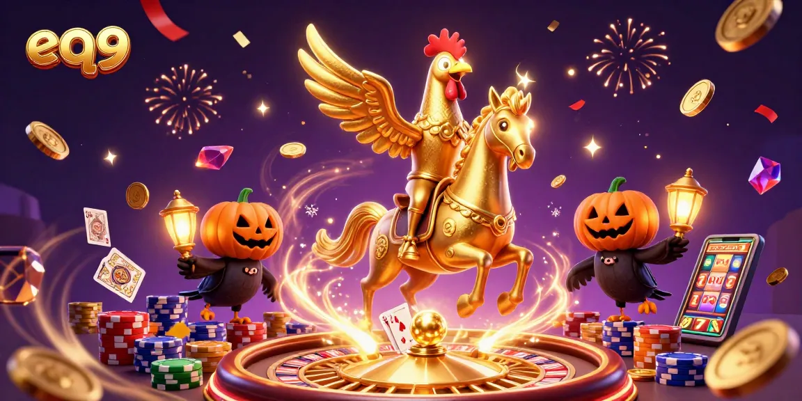 Engage with eq9's vibrant casino scene featuring golden rooster and exciting games.