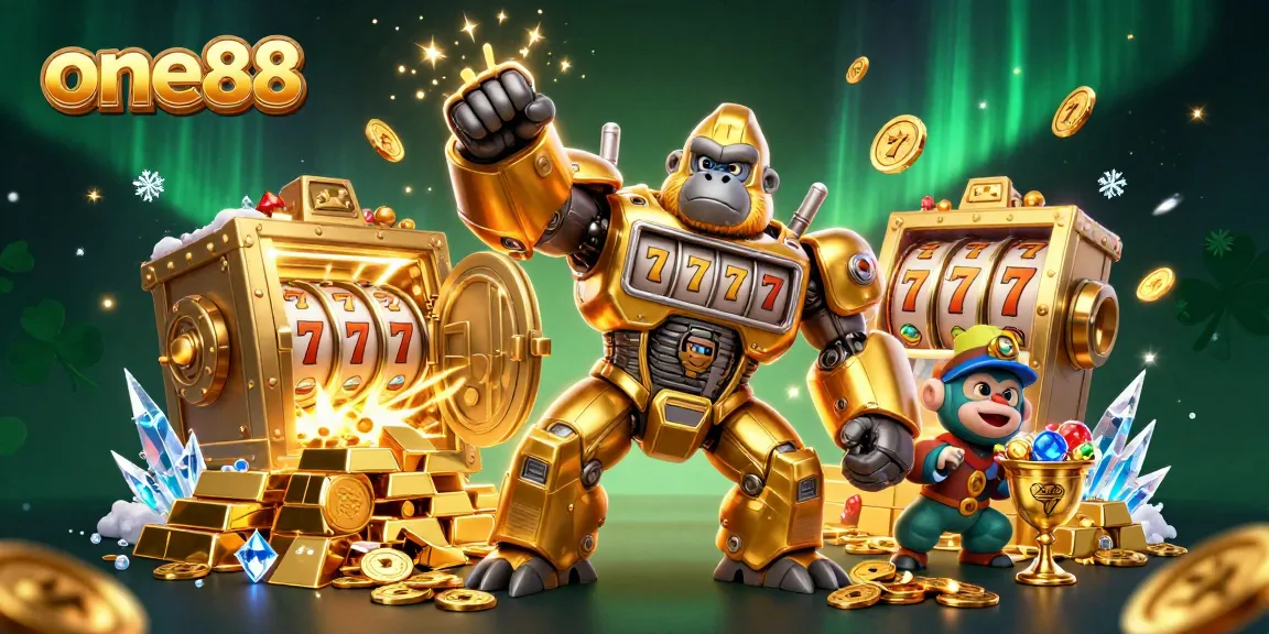 Experience thrilling wins at one88 with a dynamic 3D casino scene featuring a golden gorilla mech and slot reels.