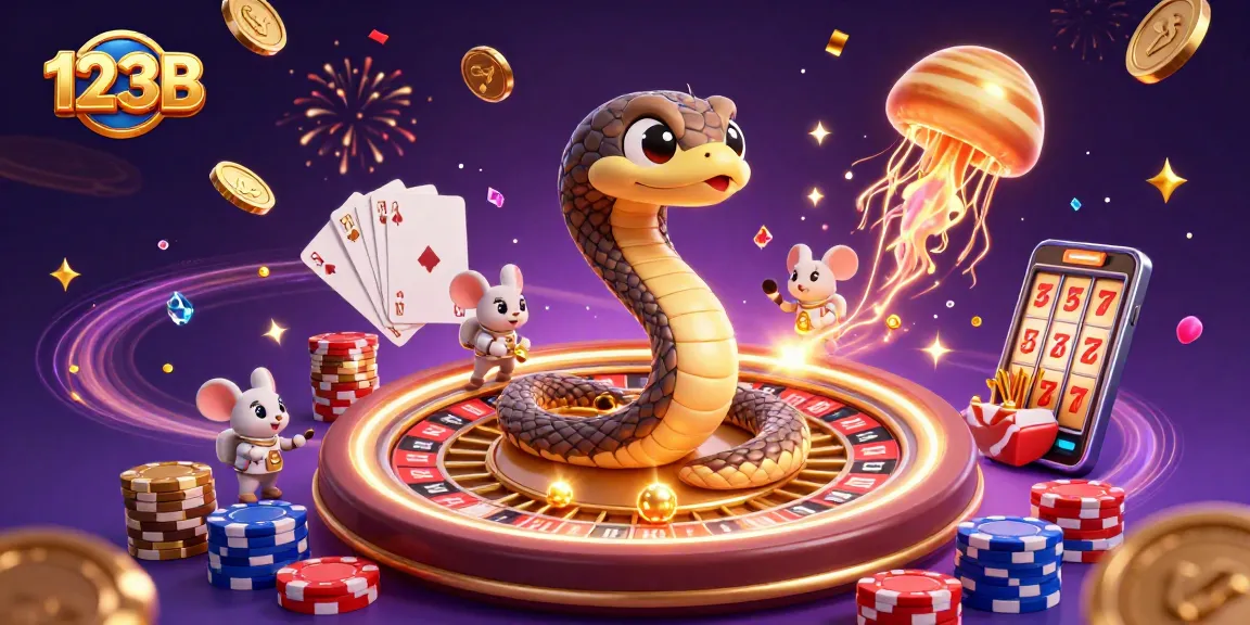 Experience thrilling wins at 123B with vibrant casino elements in a lively 3D scene.