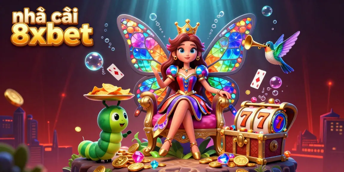Join the excitement at nhà cái 8xbet with vibrant slots and live casino scenes featuring a butterfly queen.