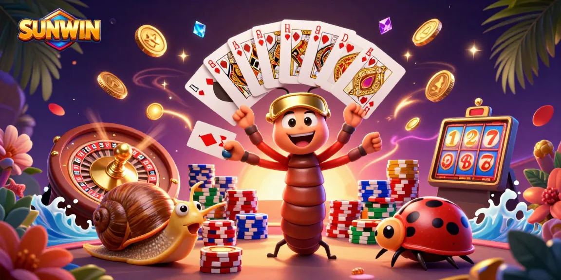 Play exciting games at SUNWIN with a dynamic casino scene featuring colorful characters and vibrant elements.