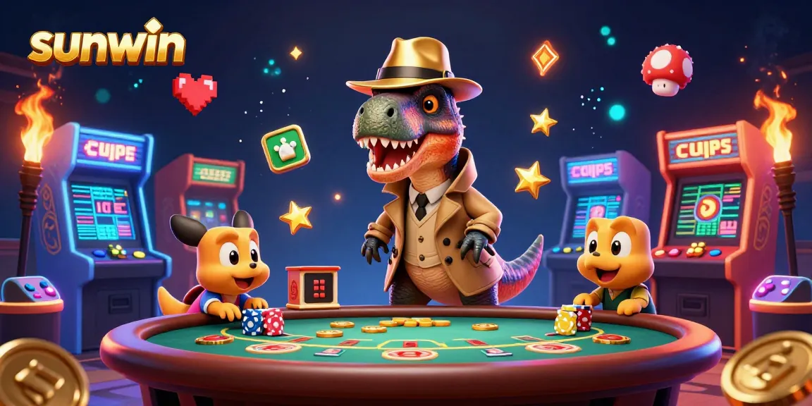 Experience thrilling gameplay with sunwin as a velociraptor attempts to count cards at a blackjack table surrounded by colorful game elements.