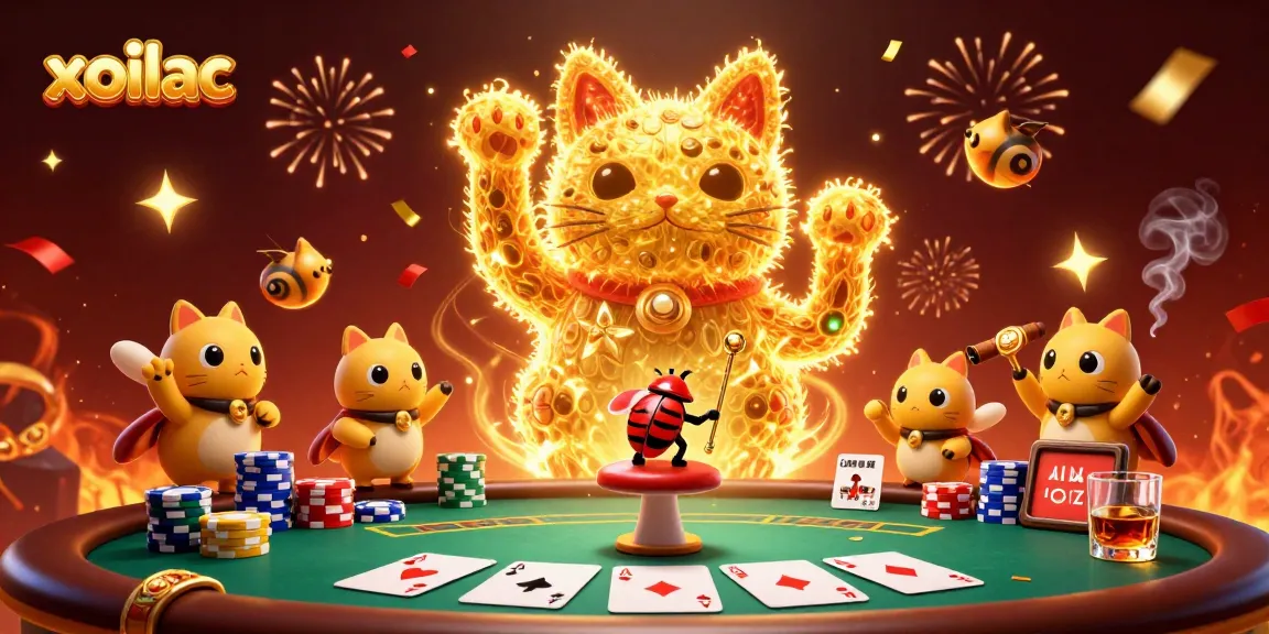 Experience the excitement of xoilac with a dynamic illustration of a lucky cat and poker elements.