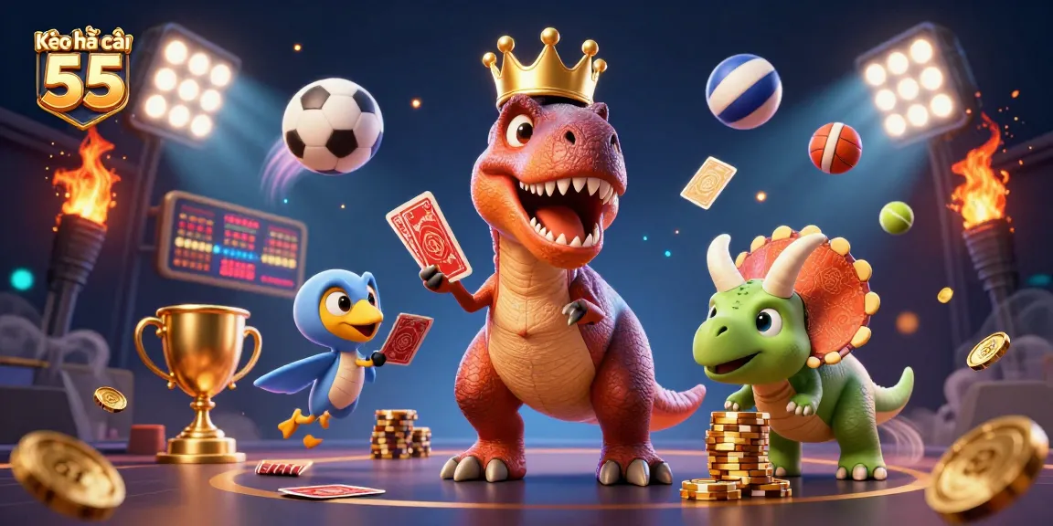 Kèo nhà cái 55 presents a vibrant scene with a T-Rex shuffling cards and a pterodactyl assistant.