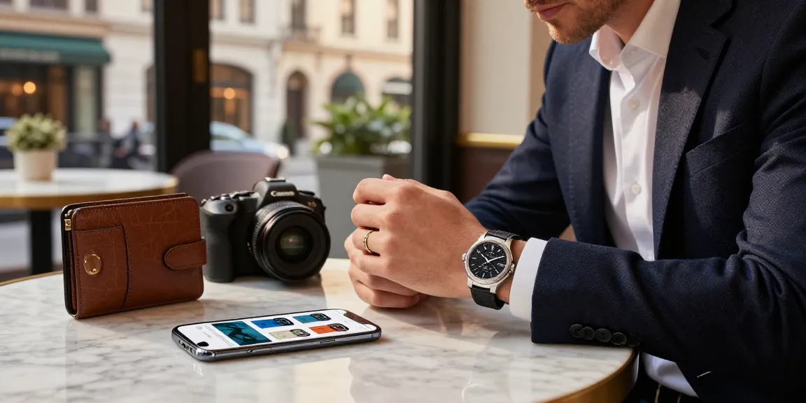Elegant individual showcasing replica watches in a refined cafe, highlighting luxury lifestyle elements.