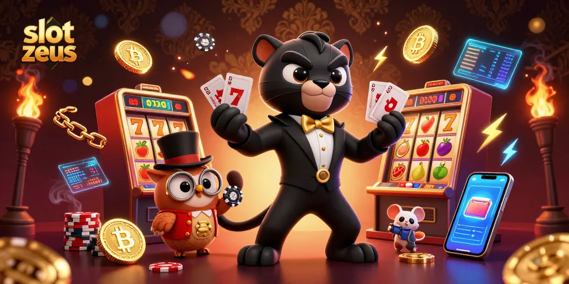 Experience the excitement of slot zeus with a dynamic scene featuring a stylish black panther, an owl, and a lucky mouse amid vibrant casino elements.