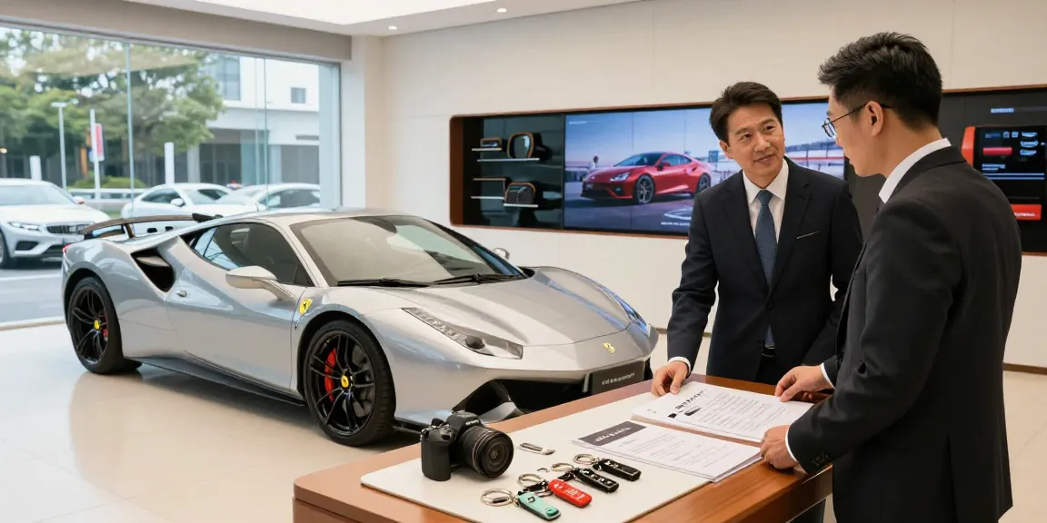 Pengunjung melirik mobil mewah LUXURY 777 di showroom, suasana elegan dan modern.